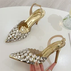 Tacones transparentes con cristales mujer, ideales para fiesta