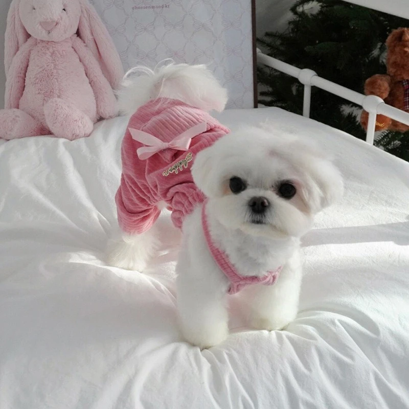 Monos de pana para mascotas, mono con lazo de mariposa, ropa de dos patas para cachorros de otoño e invierno, pantalones de cuatro patas para gato de peluche - imagen 5