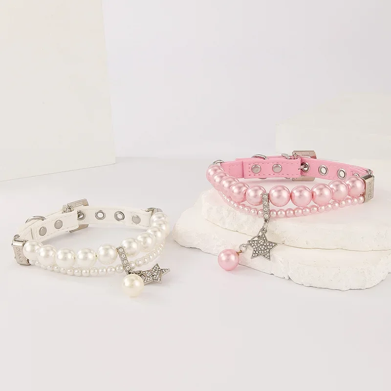 Bonito Collar de cuero Pu para perro y gato con colgante de perlas, Collar duradero de estilo princesa para perros y gatos, accesorios para caminar al aire libre para mascotas