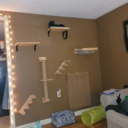 Centro de actividades para gatos montado en la pared con estantes de madera, escaleras y hamaca, muebles de pared para gatos para gatitos de interior, escalada y descansar