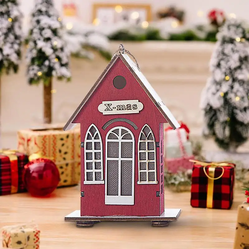 Adornos navideños de madera con luz, colgante de casa de madera, decoraciones de temporada para el hogar, Hotel, aula, jardín - imagen 3