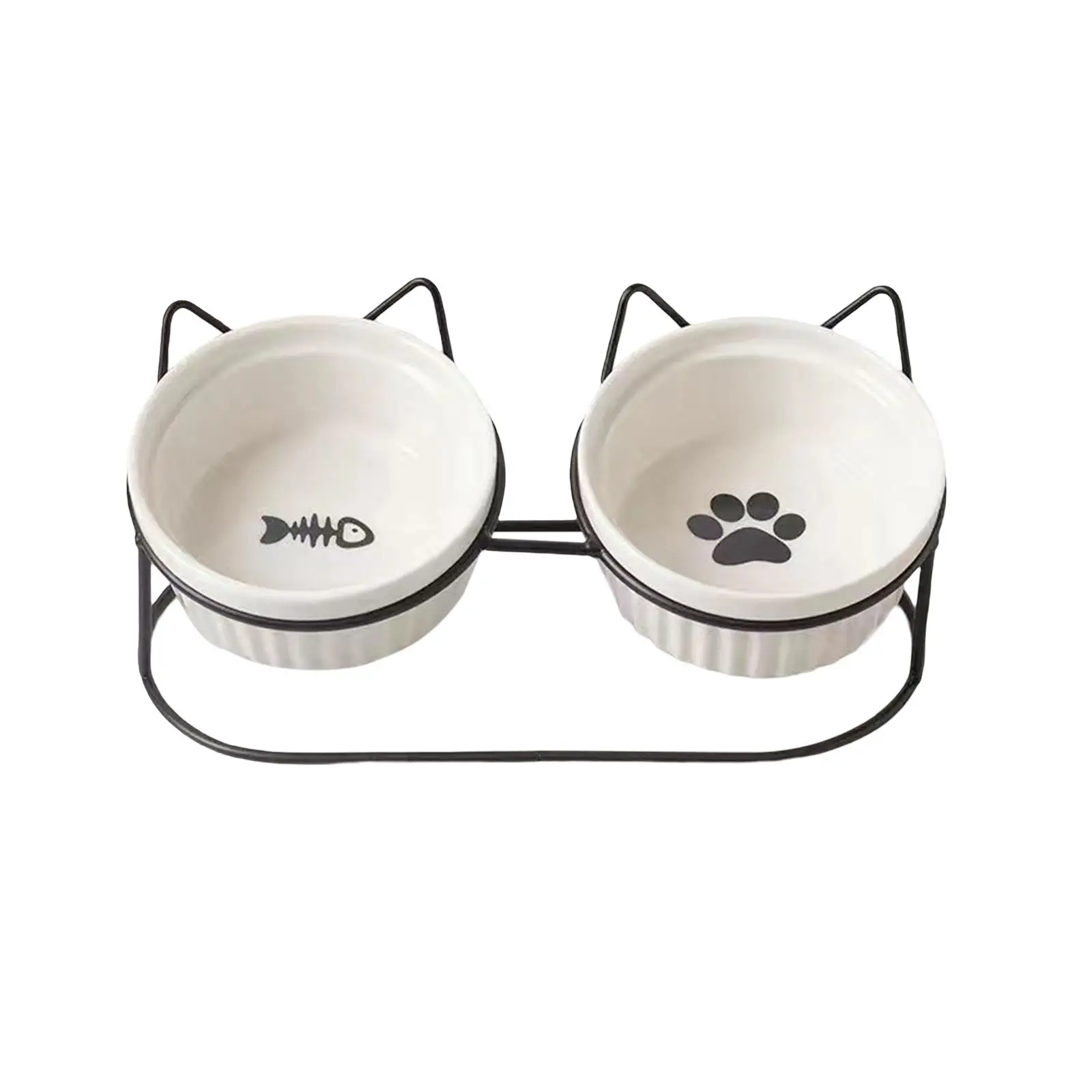 Ceramic Double Cat Dog Bowl Separable Raised Cat Dish with Iron Holder Shelf Non
