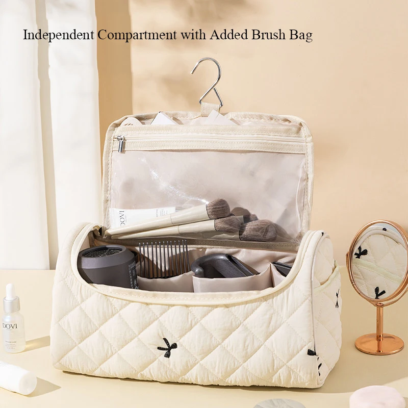 Bolsa de cosméticos de viaje acolchada portátil con gancho colgante, bolsa de almacenamiento de secador de pelo de algodón, bolso de almacenamiento de gran capacidad para niña - imagen 3