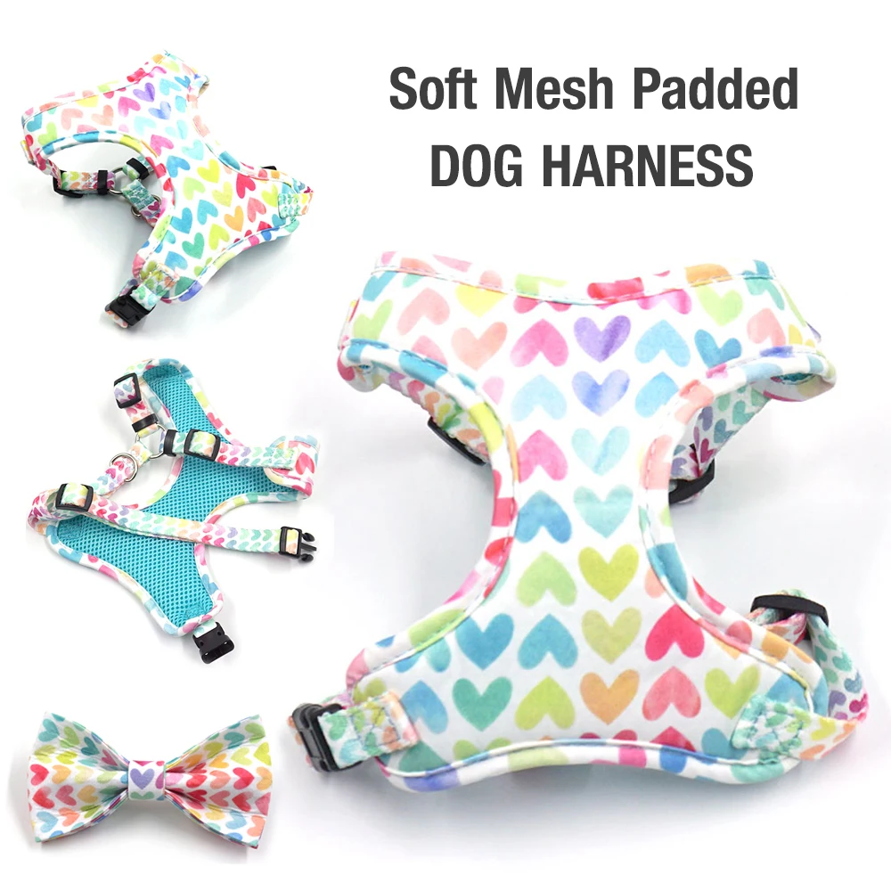 Perro acolchado suave Harenss para perros pequeños Día de San Valentín estampado de corazón Collar de perro personalizado con correa bolsa para excrementos conjunto de regalo para cachorros - imagen 3