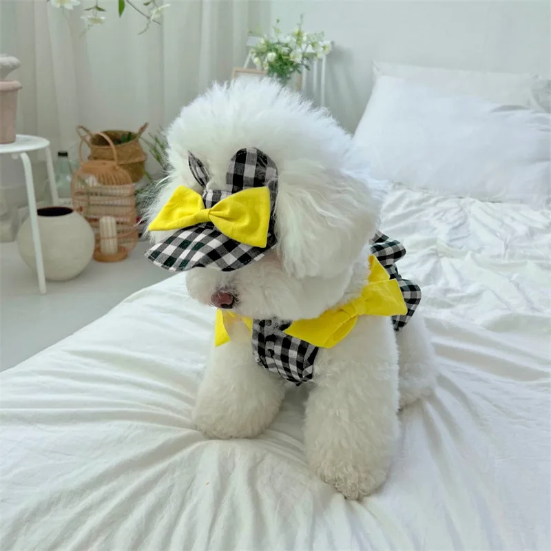 Camisola a cuadros de primavera para mascotas, chaleco con orejas de osito, sombrilla, sombrero, Top pequeño y mediano para gato, conjunto de camiseta de 2 piezas - imagen 4