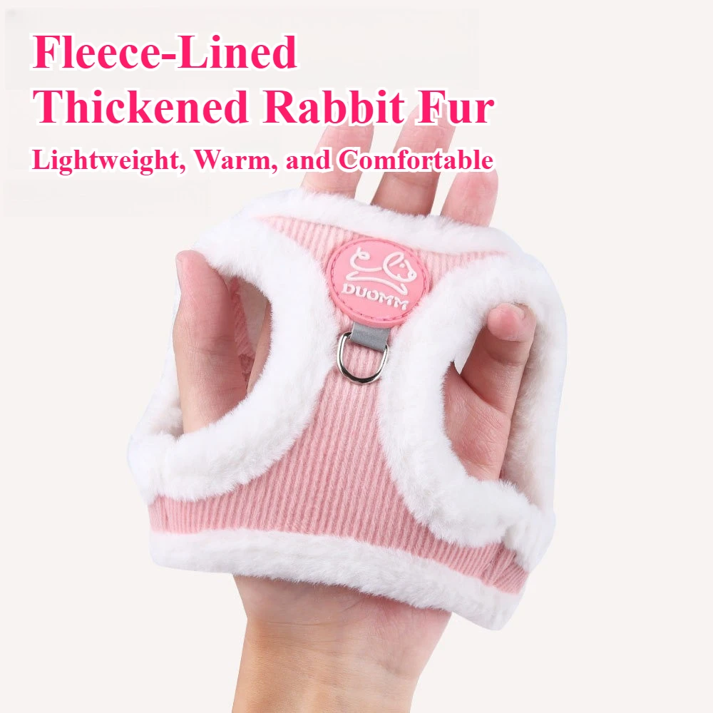 Conjunto de arnés y correa de piel de conejo, chaleco reflectante de felpa cálido para mascotas para perros pequeños y gatos, arnés cómodo ajustable