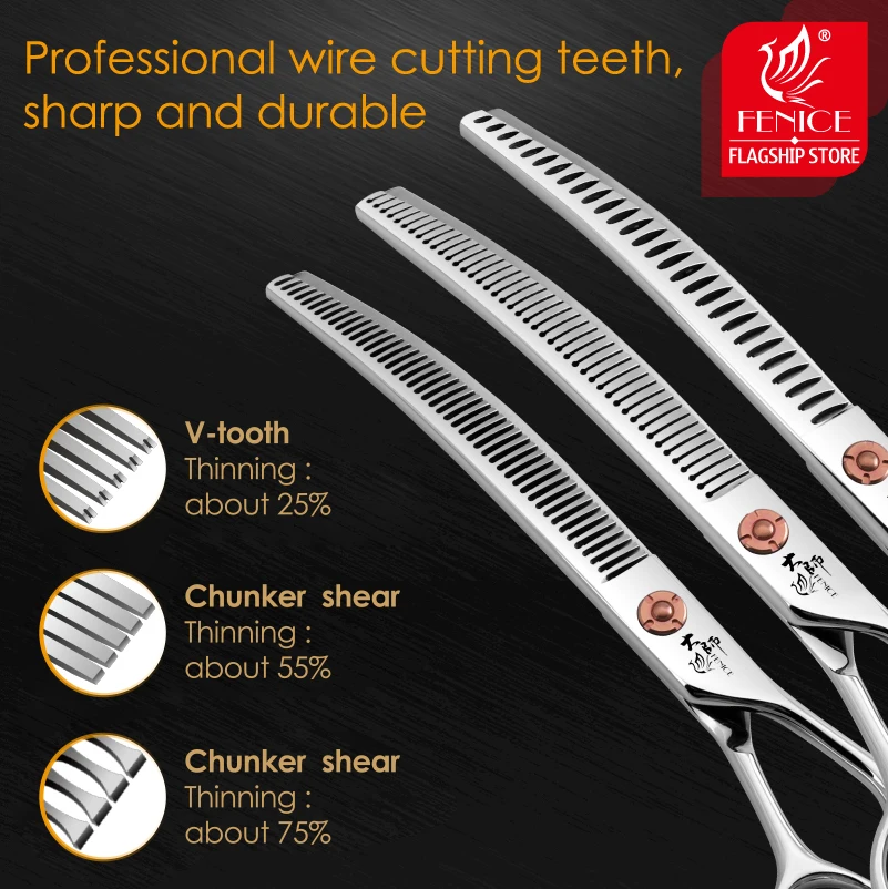 Fenice-Tijeras profesionales de acero japonés para mascotas, Kit de aseo para perros, recto, curvo, más delgado, grueso y esponjoso, 7 pulgadas - imagen 4