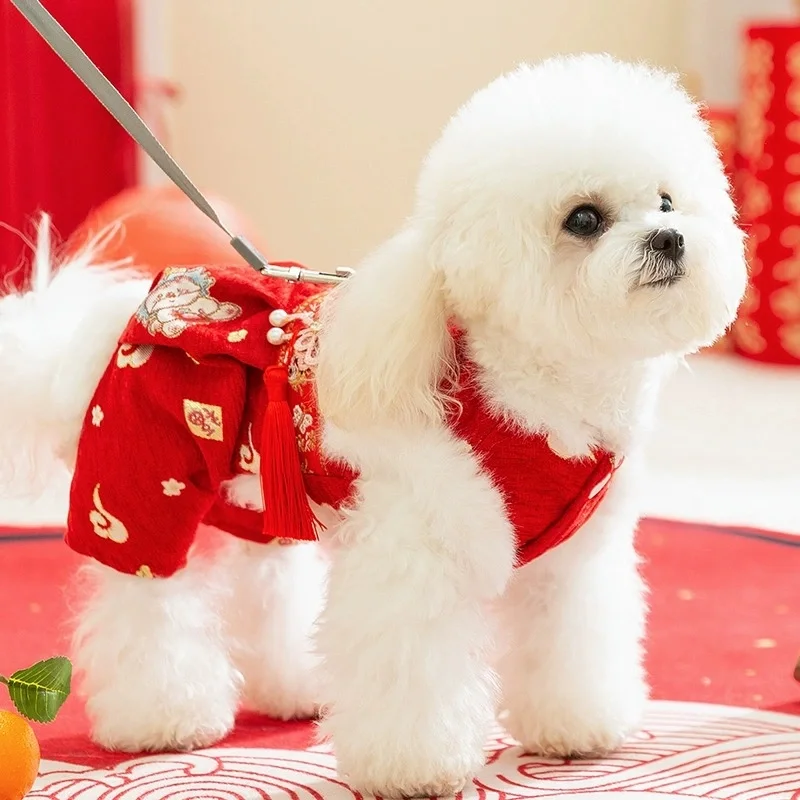 Ropa para perros de estilo chino, mono para perros de Año Nuevo, chaqueta cálida para cachorros, abrigo, peleles de gato con borlas de lujo, monos para mascotas, disfraz para perros - imagen 2