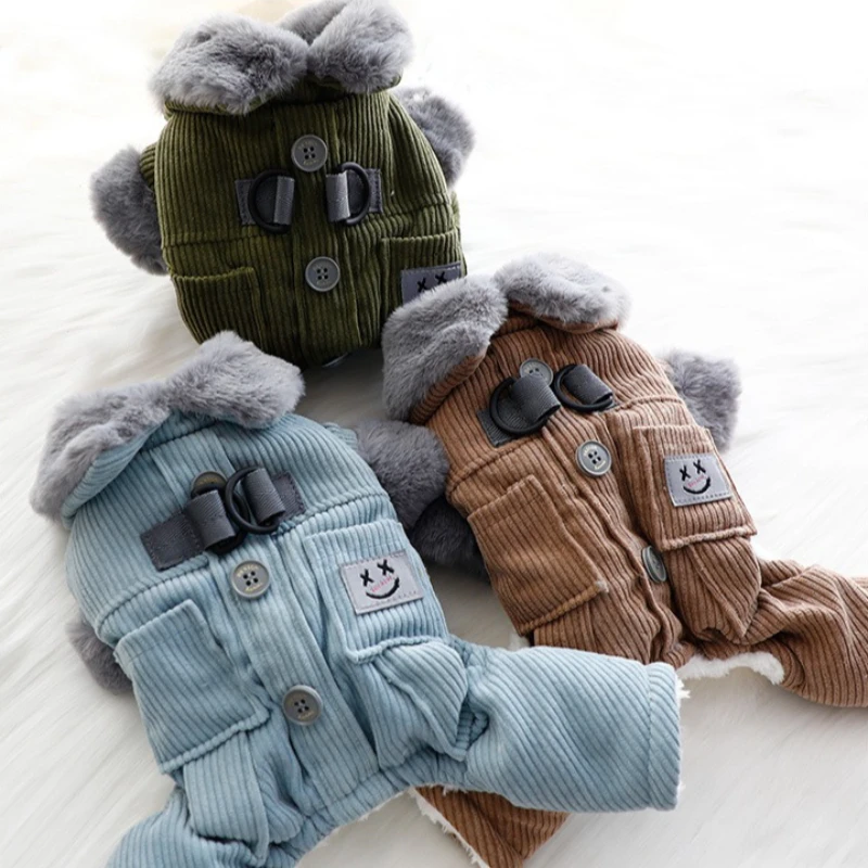 Ropa para perros, ropa de otoño e invierno, bolsillos cuadrados gruesos, pana, tracción de cuatro patas, ropa de algodón, suministros para perros pequeños