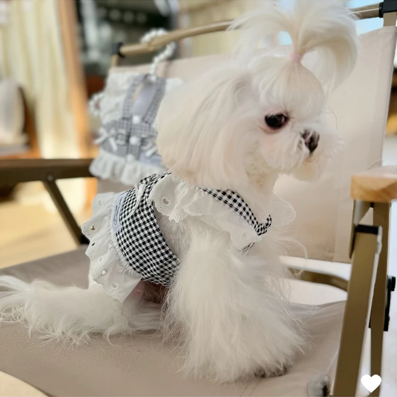 Arnés de estilo Pastoral para mascotas, ropa de cachorro a cuadros negros, arnés Universal para perros y gatos, vestido de princesa Retro rastreable, moda de encaje - imagen 4