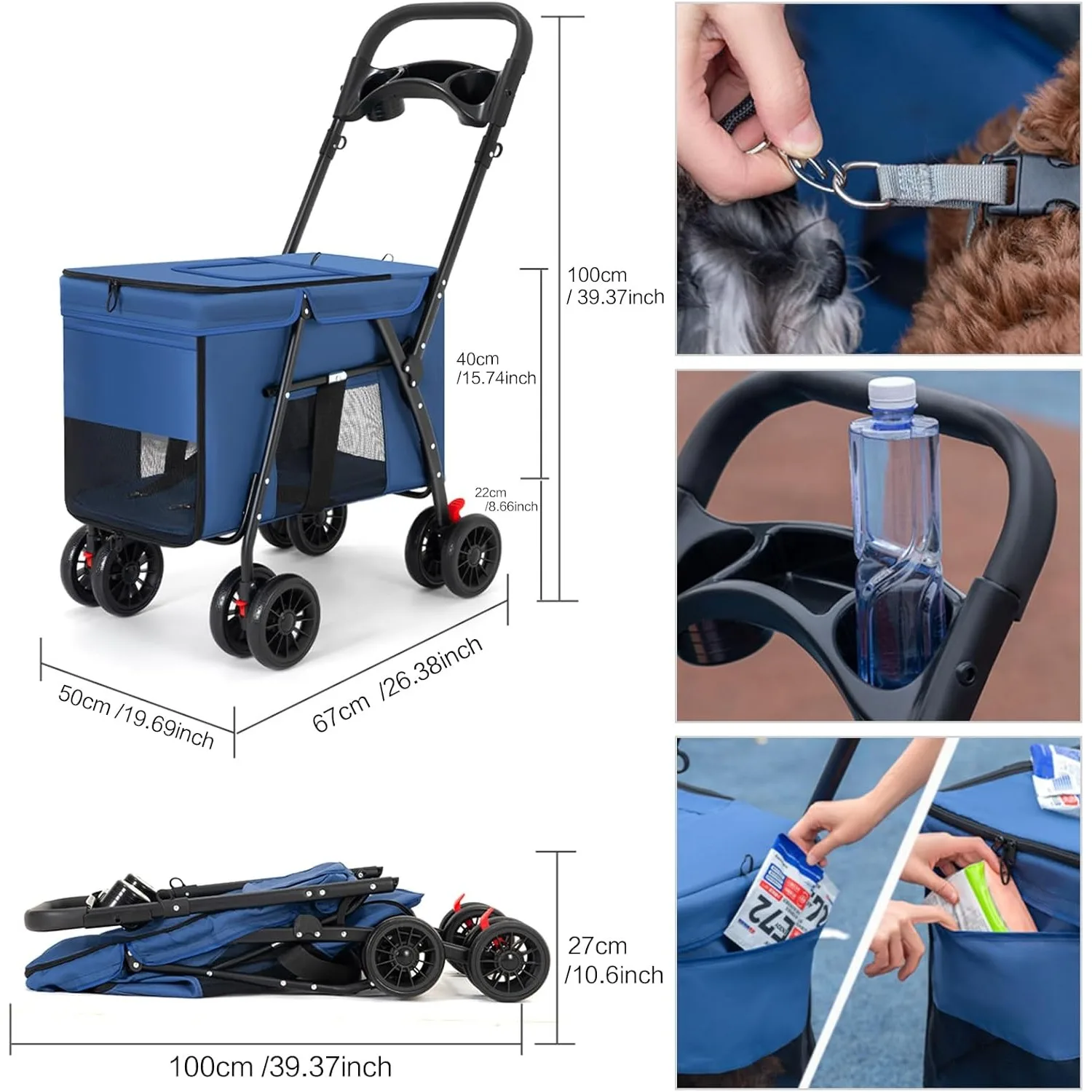 Cochecito para mascotas de 4 ruedas, carrito de paseo para perros y gatos, cochecito plegable para correr/perro, transporte para mascotas de malla transpirable para todas las estaciones - imagen 2