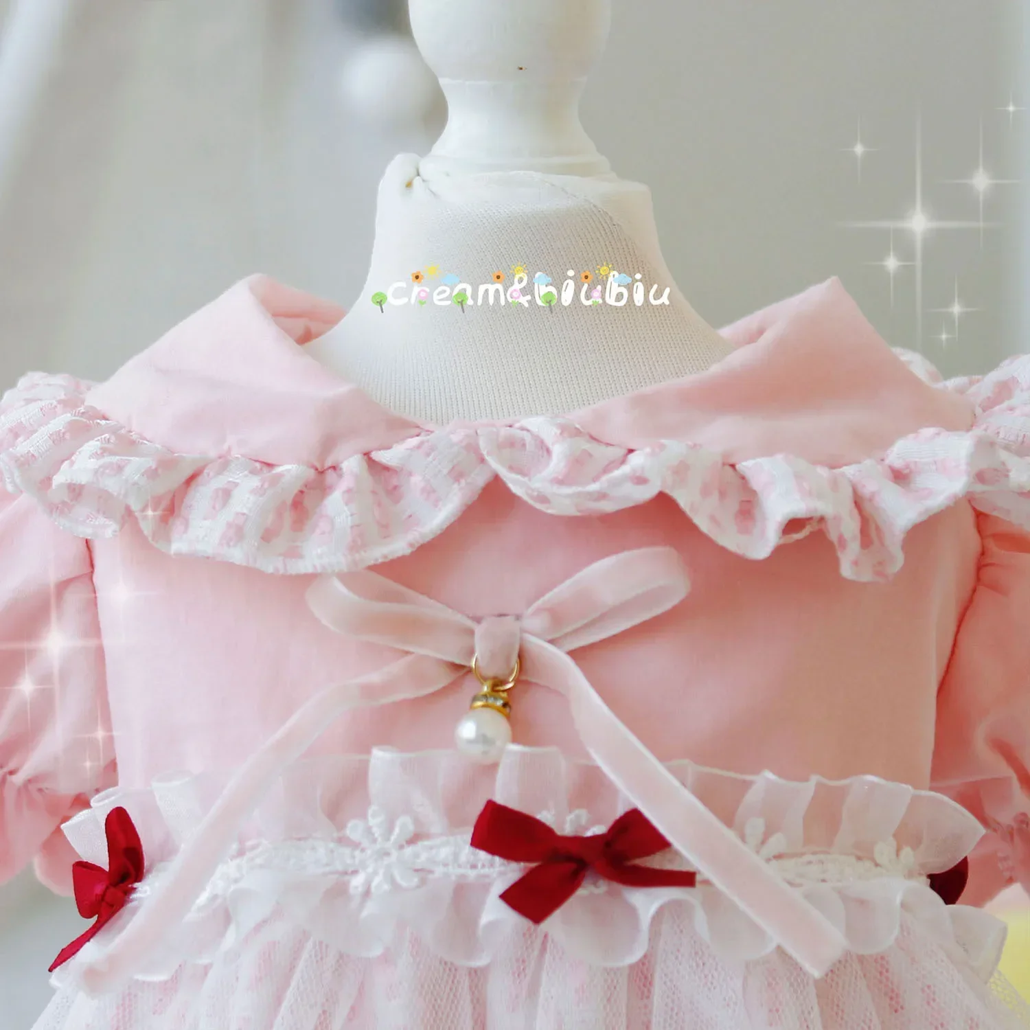 Vestido de encaje Floral con cuello de princesa para mascotas, vestido de malla con manga de burbuja para perros y gatos, vestido de peluche de nube rosa, ropa para perros pequeños - imagen 3