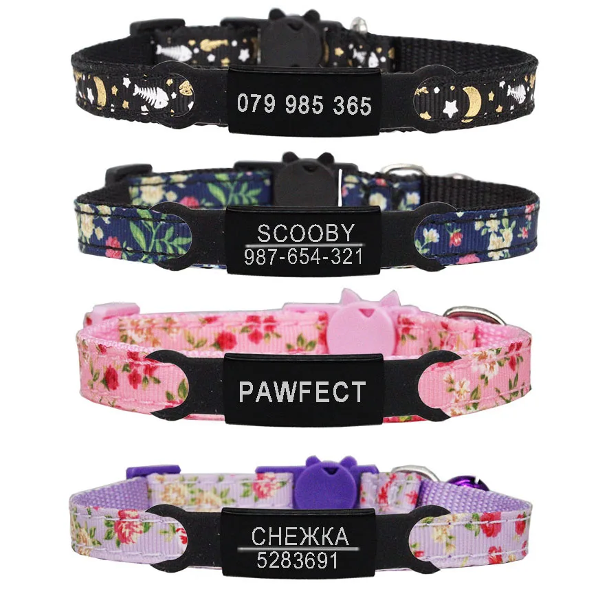 Collar para gato, etiqueta de identificación personalizada, hebilla de seguridad, grabado personalizado ajustable, Collar de nailon de acero inoxidable para cachorros y perros, Collar para gatitos