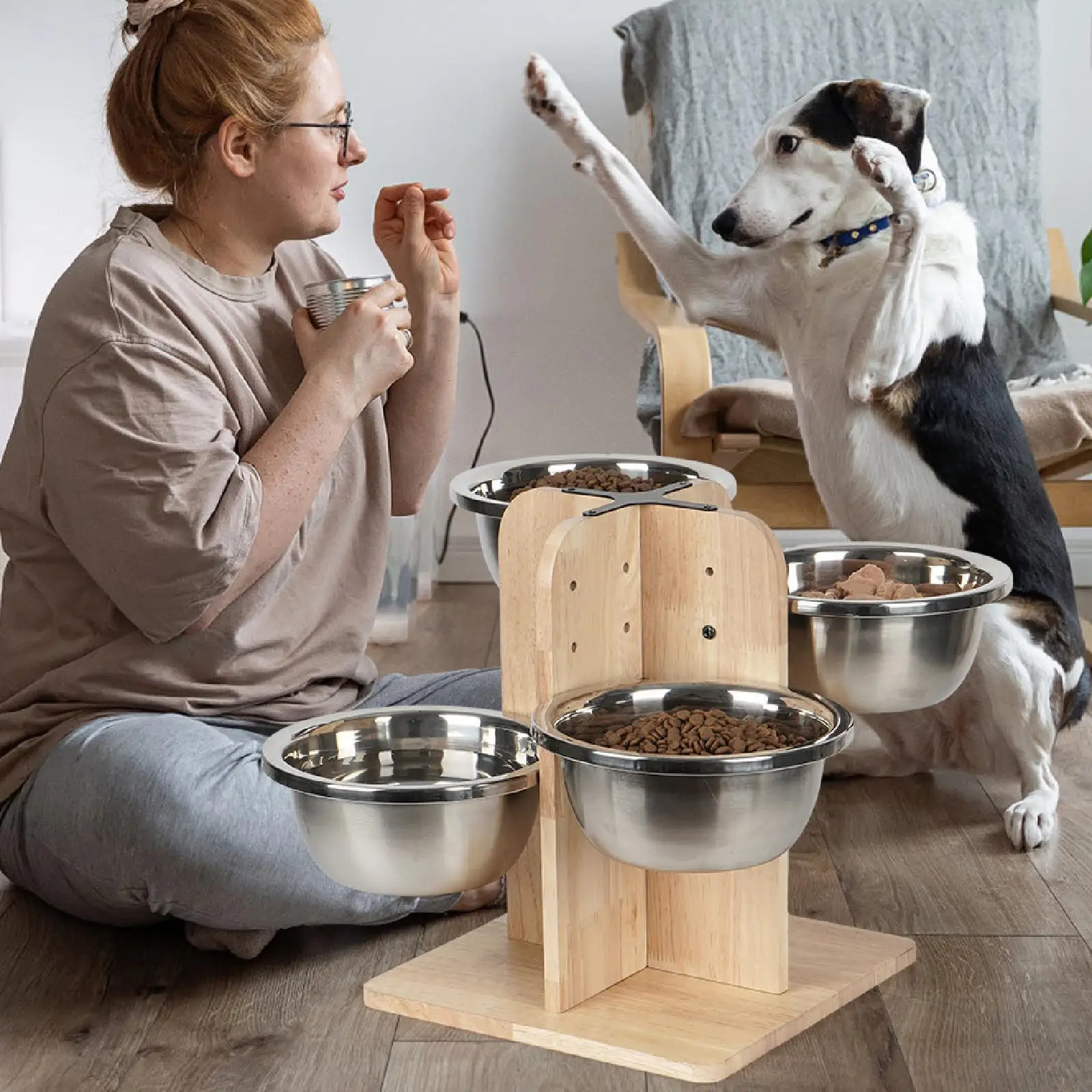 Cuencos elevados para perros, soporte de madera, alimentador de comida para mascotas para perros pequeños, medianos y grandes