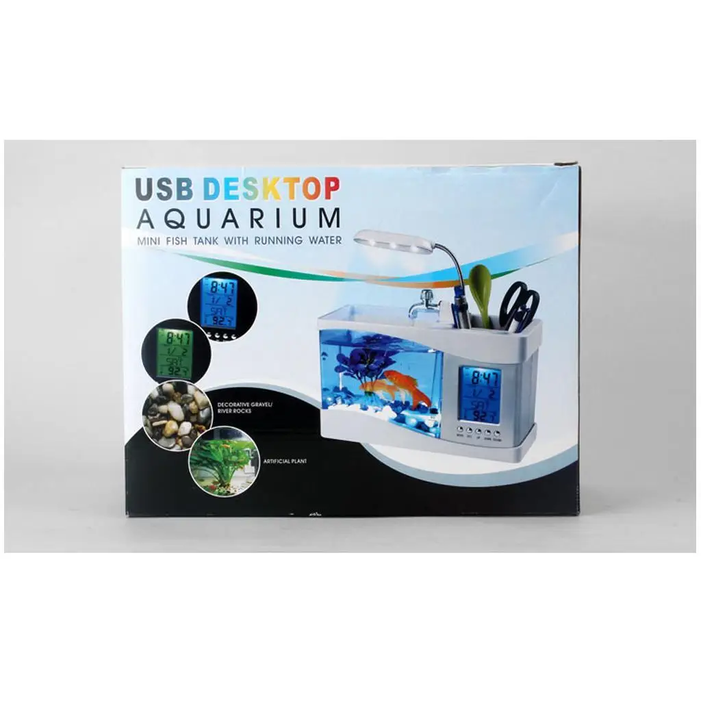 Mini USB Desktop Aquarium LCD Display Fish Tank Clock LED Lamp Light Black/ White