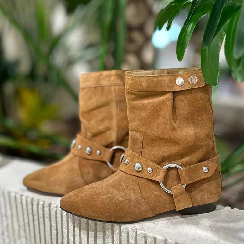 Otoño Invierno botas occidentales marrones De Mujer moda cinturón De Metal remache hebilla Zapatos planos casuales botines De Mujer - imagen 4