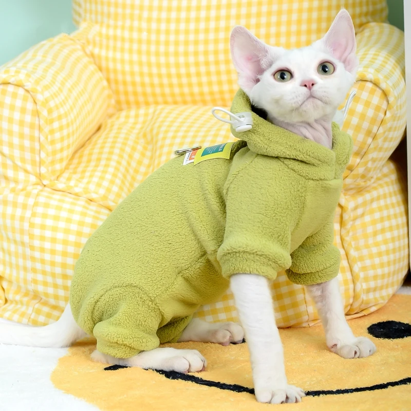 Suéter suave de cuatro patas de lana para gatos esfinges suéter grueso de invierno con capucha sudadera Roja y verde gatito devenrex abrigo otoño - imagen 3