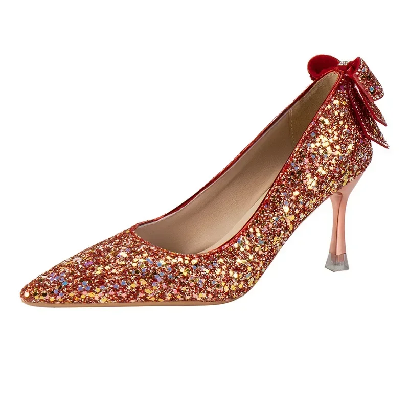 Zapatos de tacón de lujo con lentejuelas doradas y plateadas para mujer, zapatos de tacón alto sin cordones para fiesta y boda, zapatos de tacón fino con punta estrecha 2024 - imagen 5