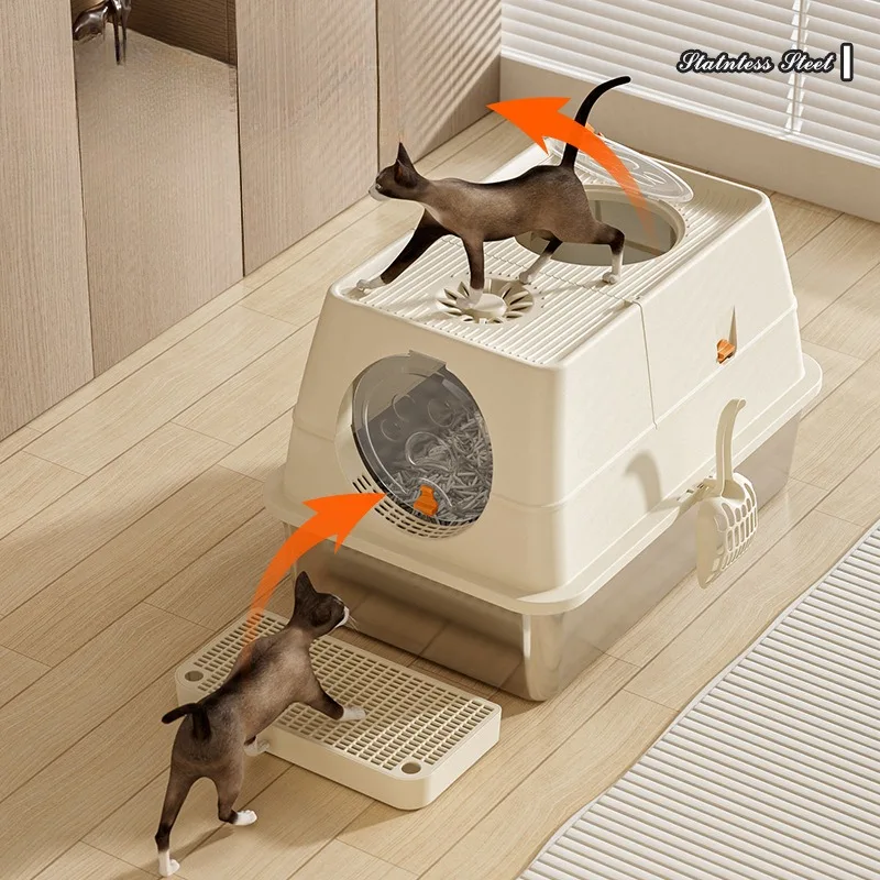 Caja de arena para gatos completamente cerrada de acero inoxidable, inodoro Extra grande a prueba de salpicaduras para gatos, productos de limpieza para mascotas, suministros, sartenes - imagen 2