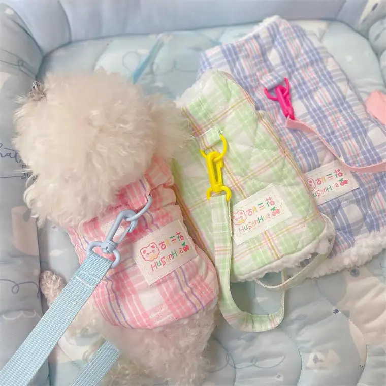Abrigo bonito a cuadros de Color para perro, ropa de invierno Meow, cálido para perro, osos gruesos de felpa, ropa de peluche, abrigo con anillo de tracción de cuerda para perro pequeño - imagen 3