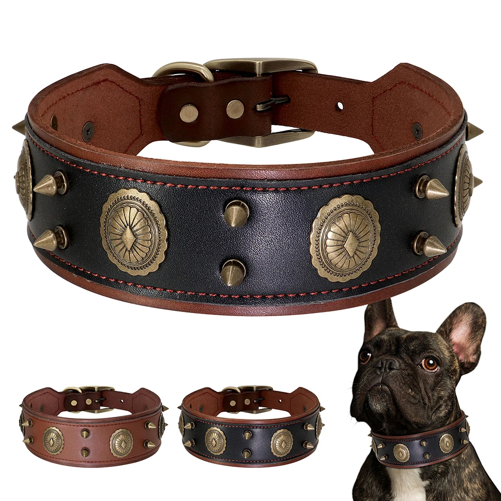 Collar de cuero genuino con tachuelas para mascotas, Correa ajustable para perros grandes, medianos y grandes, Pitbull