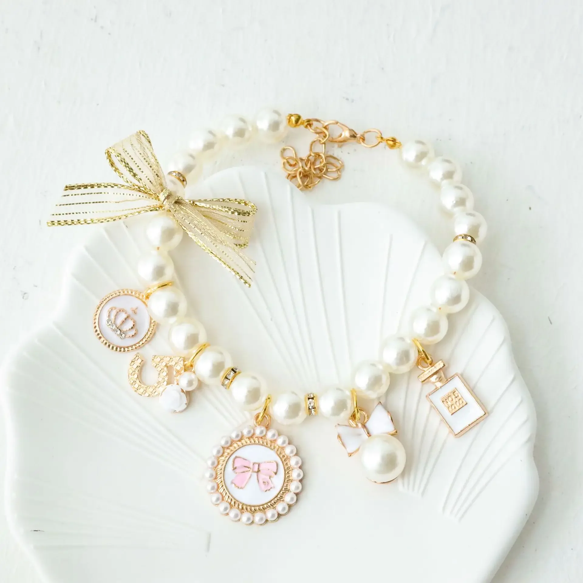 Collar de perlas con lazo para mascota, colgante de joyería para gato, Collar de princesa para perro, decoraciones dulces para cachorro, Collar de diamantes de imitación, Accesorios para Chihuahua - imagen 5