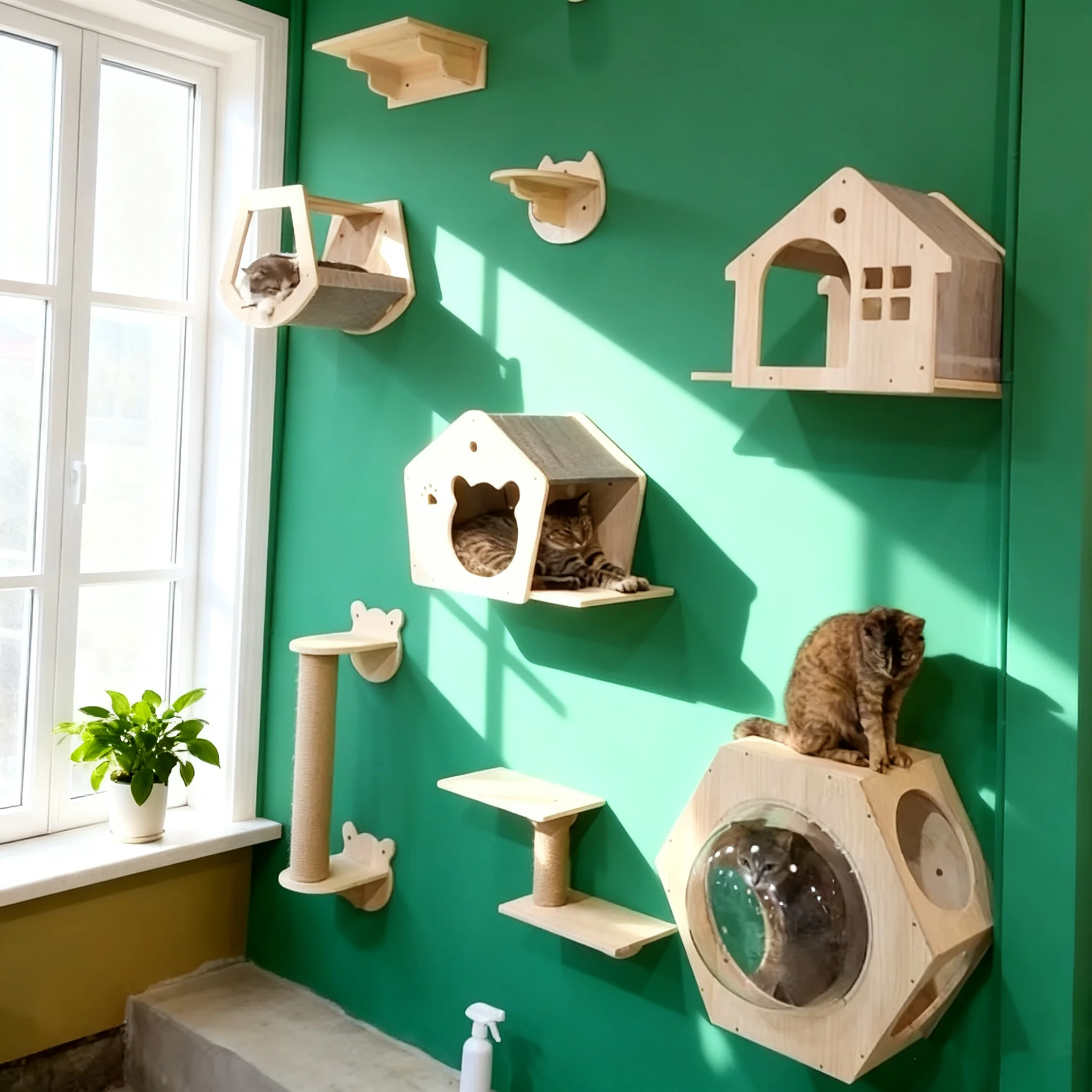 Estantes de escalada montados en la pared para árbol de gatos, hamaca de madera con escalera y puente para gatos, perca para gatos, patio de juegos interior para mascotas