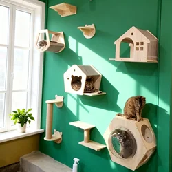 Estantes de escalada montados en la pared para árbol de gatos, hamaca de madera con escalera y puente para gatos, perca para gatos, patio de juegos interior para mascotas