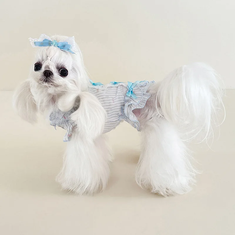 Vestido con cuello de encaje para mascotas, chaleco con lazo bonito, vestidos de princesa frescos para perros pequeños, ropa para cachorros - imagen 4