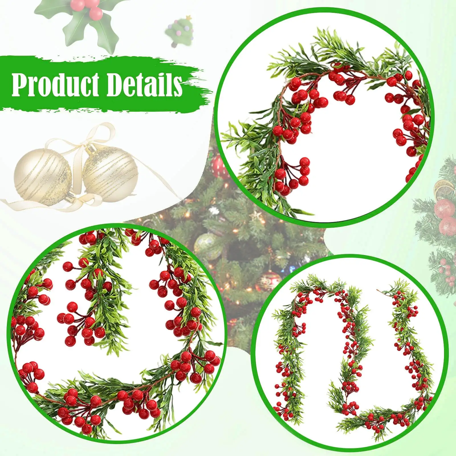 Red Garland Christmas Garland for Decoration Lifelike Front Door Hanging Decor for Garden Porch Party Stairs 6.4ft Long
