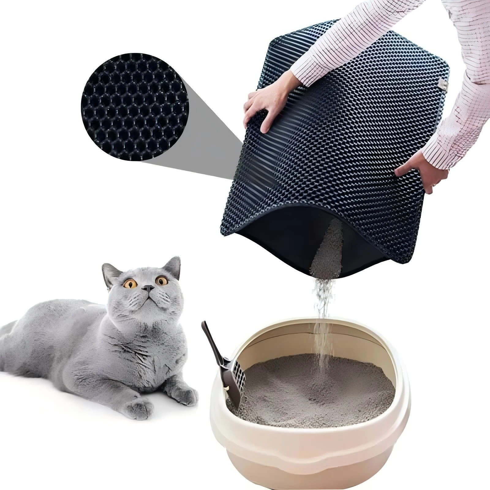 Estera de arena para gatos de doble capa con impermeable, antideslizante, lavable, estera para caja de arena para mascotas, almohadilla limpia, estera de cama duradera