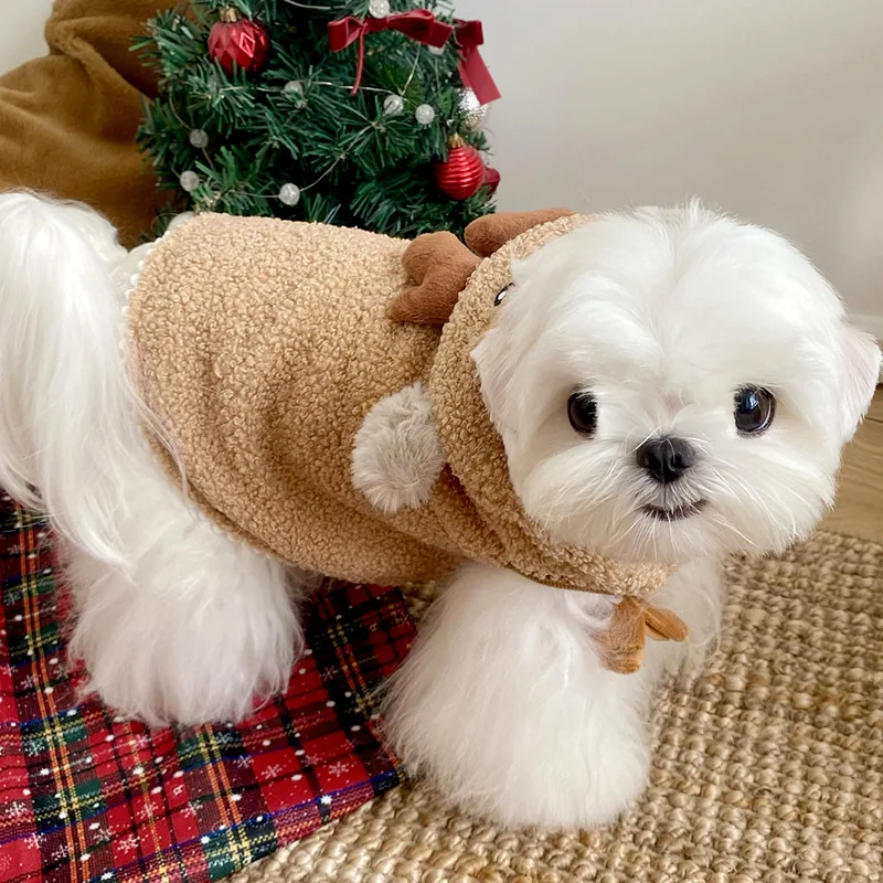 Ropa navideña para mascotas, chaqueta marrón para perros, capa navideña para perros, Yorkshire, ropa cálida de invierno, pijamas populares Bichon, albornoces - imagen 5