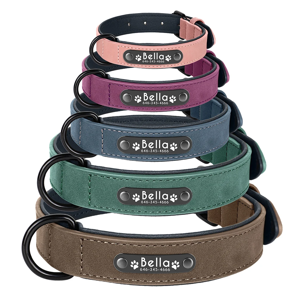 Collar de perro de cuero PU personalizado Collares de perro duraderos Collar de pata con nombre de mascota grabado gratis Acolchado suave para perros pequeños y grandes Pug - imagen 2