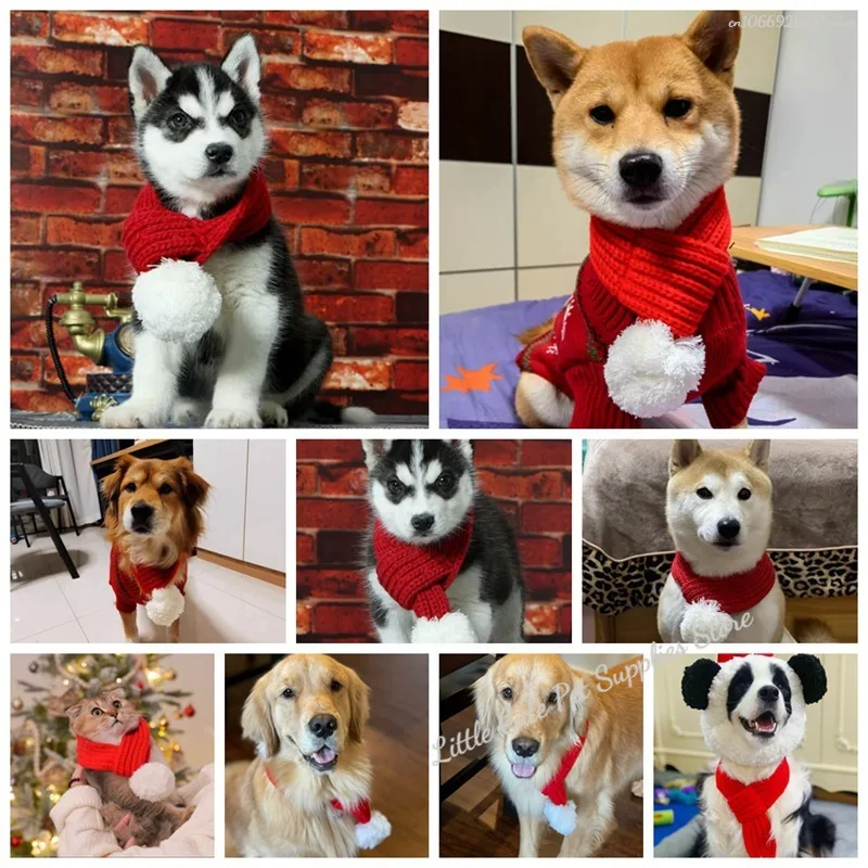1 Uds. Bufanda tejida para perro, bufandas de punto rojas con pompón, pañuelo calentador para el cuello, fiesta de Navidad, accesorios de decoración para cachorros y gatos