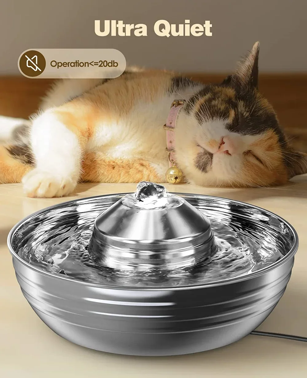 Fuente de agua para gatos de acero inoxidable de 2L para múltiples mascotas, silenciosa, de poco ruido, dispensador de agua para perros, alimentador para gatos y perros - imagen 5
