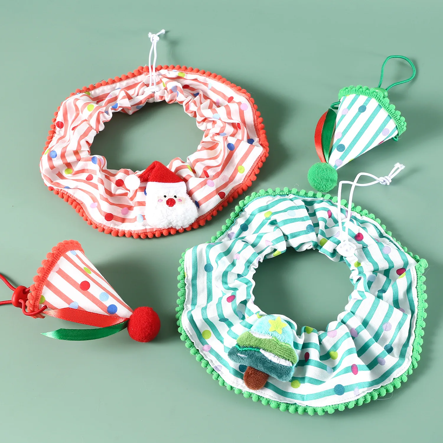 Bufanda a rayas de otoño e invierno para mascotas, conjunto de encaje navideño para mascotas, árbol de Navidad, Collar de Papá Noel, sombrero, accesorios para perros y gatos - imagen 3