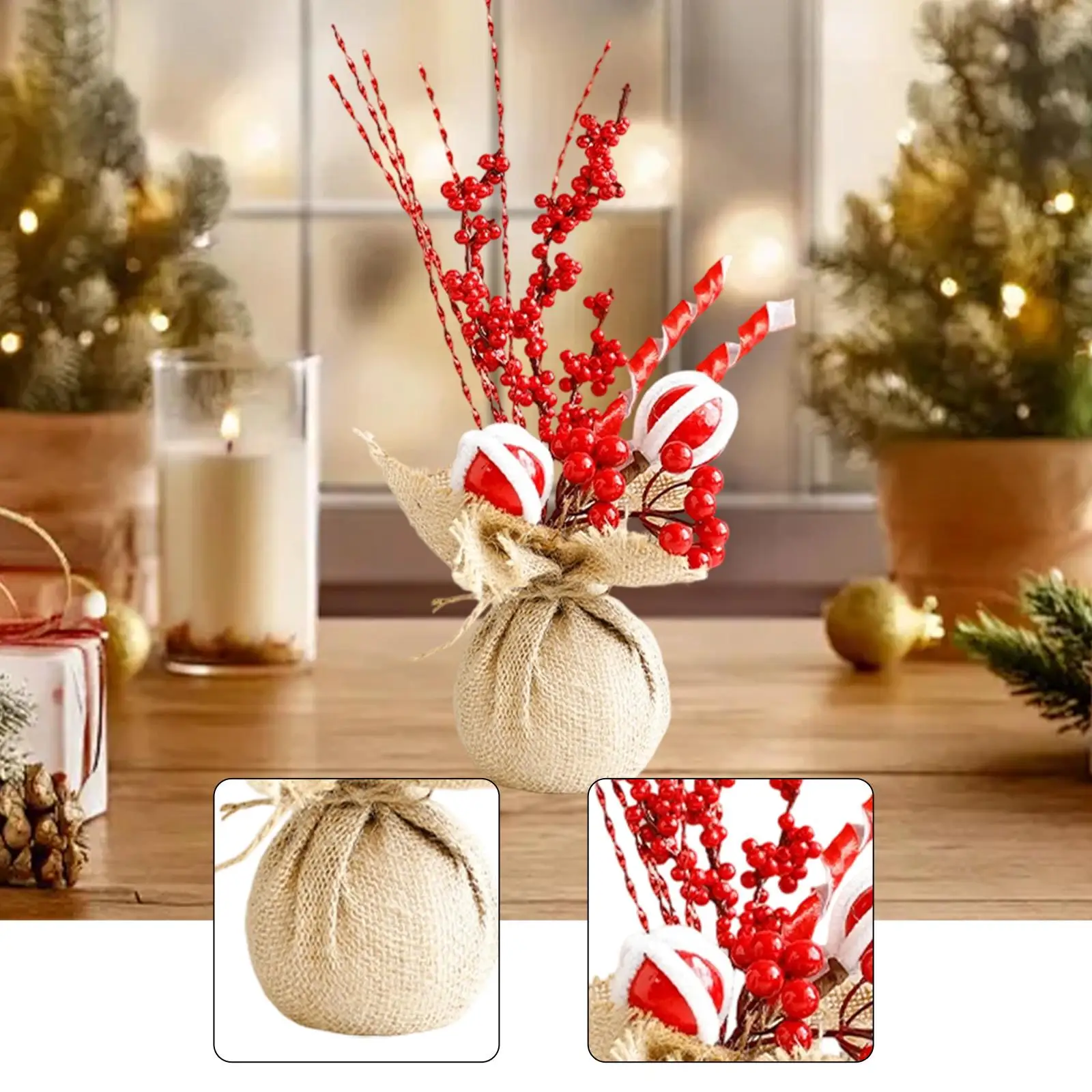 Mini Christmas Tree with Red Berries Table Decoration Burlap Base Tabletop Artificial Christmas Tree for Table Holiday Office