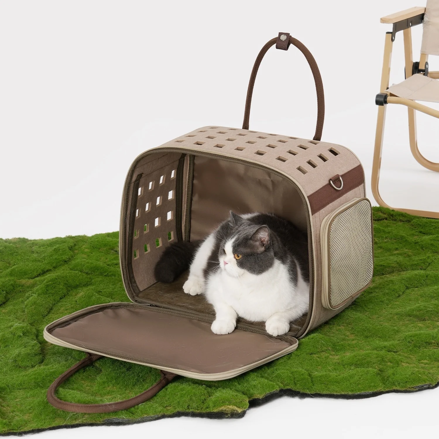 Transportín de lujo para mascotas, bolsa para mascotas de gran capacidad para perros y gatos, bolsa transportadora plegable de cara suave para gatos, bolsa portadora para perros, bandolera marrón - imagen 3