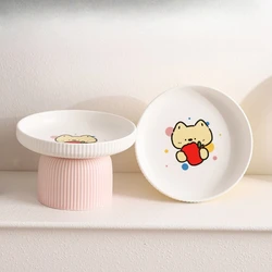 Cuenco de cerámica bonito para gatos, cuenco de pie alto con dibujos de boca inclinada/plana para mascotas, lavabo de alimentación de comida para perros antibasculantes de gran capacidad