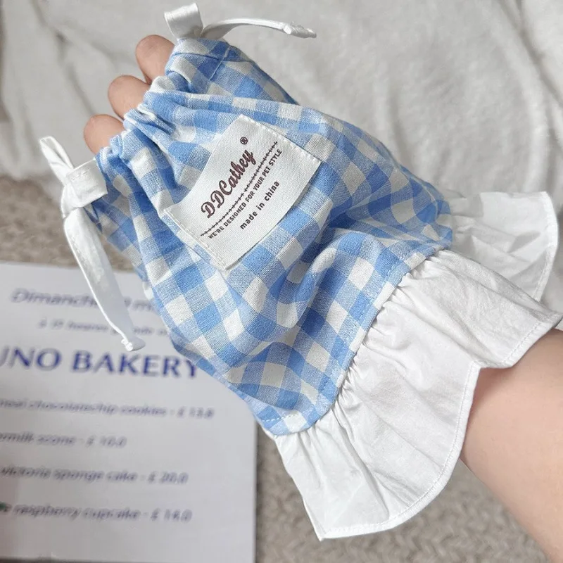 Camiseta sin mangas a cuadros con cordón para mascotas, bonito vestido a cuadros refrescante, Top de encaje con lazo de peluche, vestidos para perros pequeños y cachorros - imagen 3