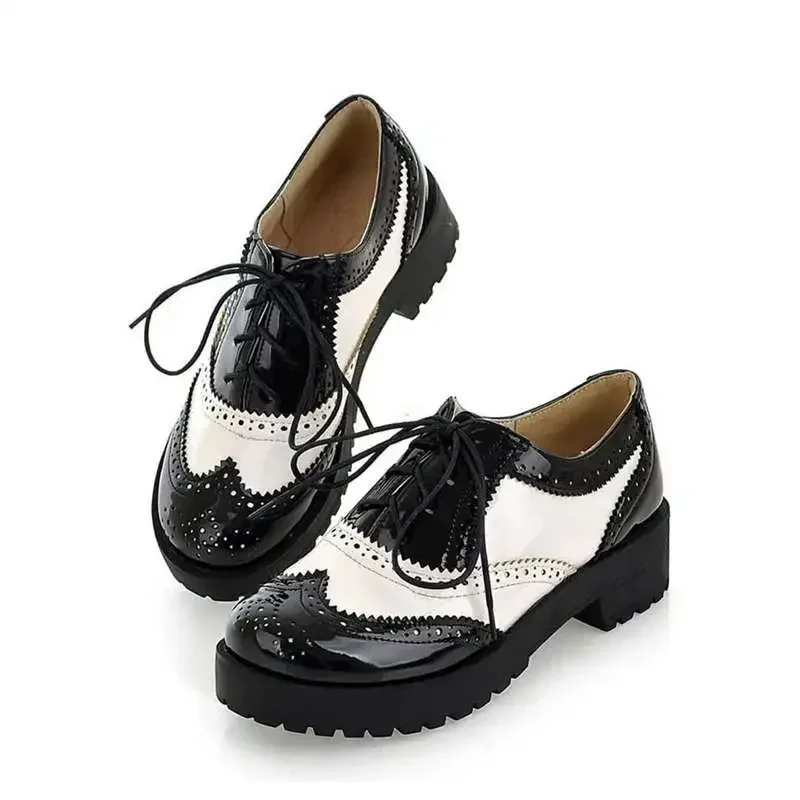 Zapatos brogue de estilo británico para mujer, calzado informal Oxford con punta redonda y punta de ala de colores mezclados atados cruzados, zapatos