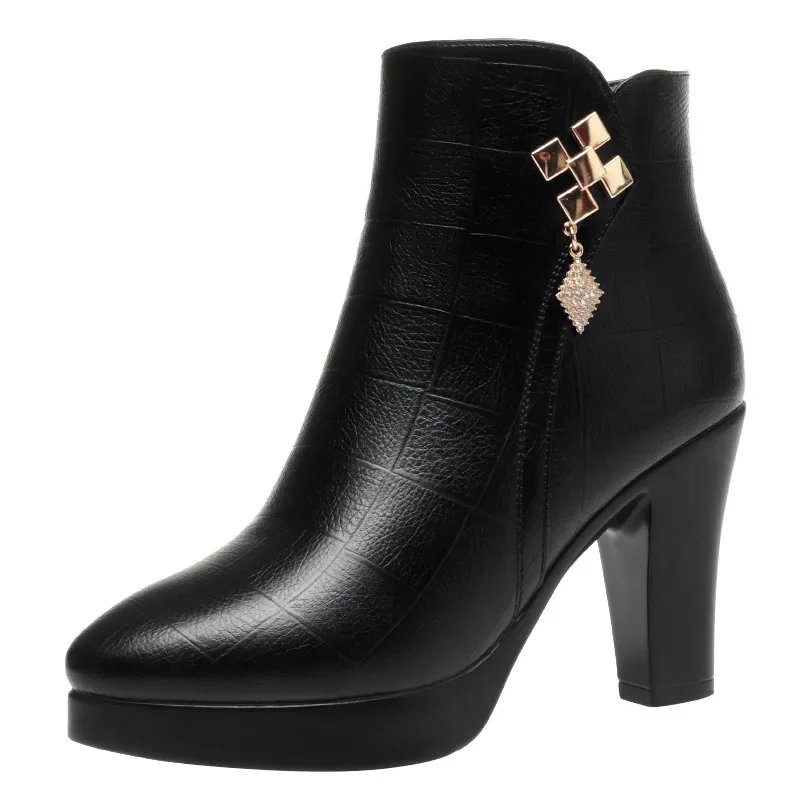 Botas de cuero suave cómodas que combinan con todo, 5cm, 6cm, 9cm, Otoño Invierno, tacones de bloque para mujer, botines cortos de piel para mamá de oficina - imagen 5