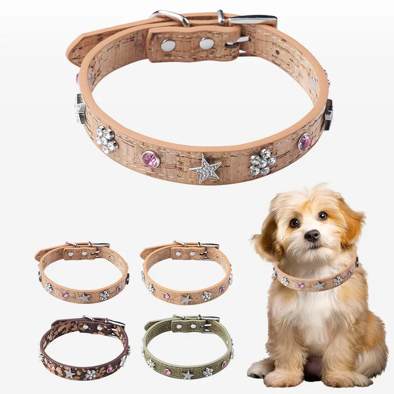 Collar de cuero con grano de madera y diamantes, vista frontal