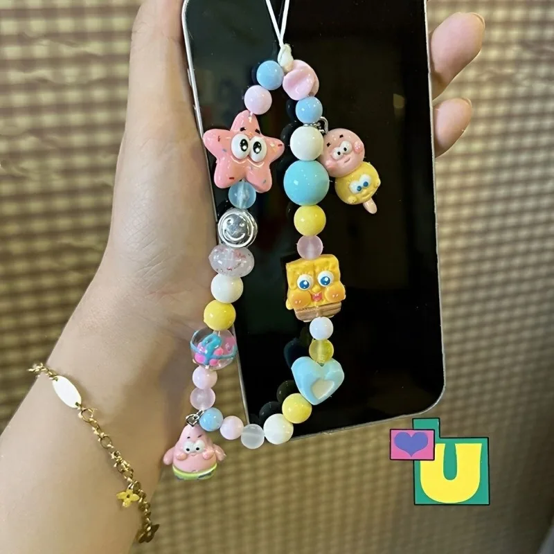 Bob Esponja Patrick Star teléfono cordón correa colgante dibujos animados Anime bolsa decoración mujeres Kawaii coche llavero correa de muñeca portátil - imagen 4