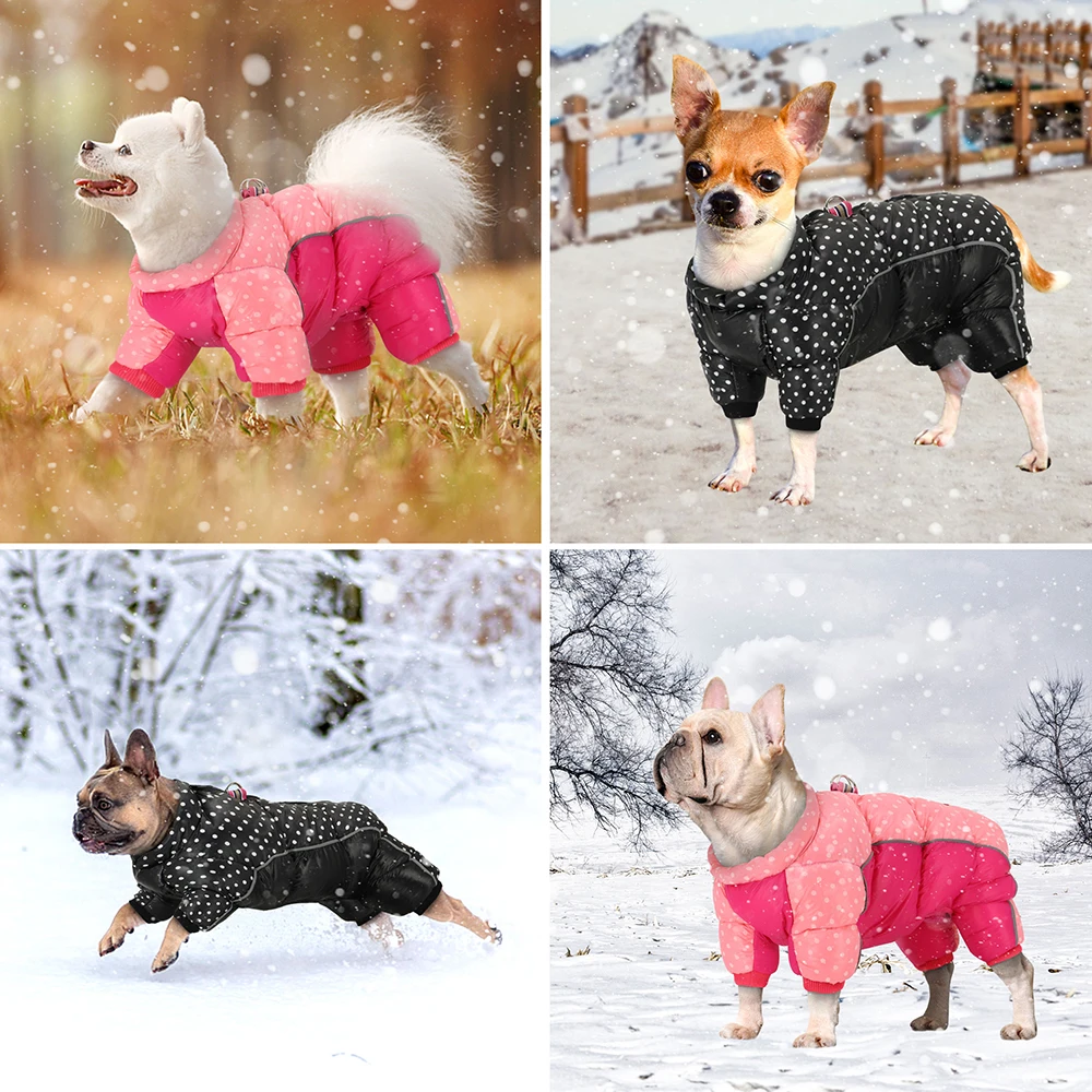 Chaqueta cálida de invierno para perros pequeños y medianos, mono con estampado de lunares para cachorros, abrigo reflectante para mascotas, Chihuahua, Bulldog, con anillo en D - imagen 5