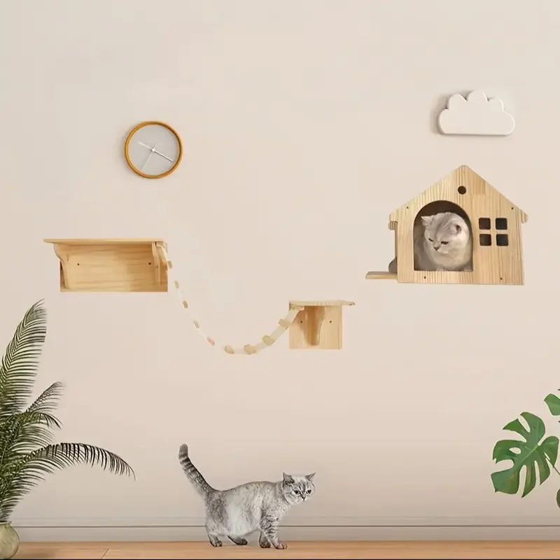 Árbol para gatos de pared de madera con postes rascadores de sisal Hamaca para gatos Escalera Marco para saltar, jugar y escalar gatos - imagen 2