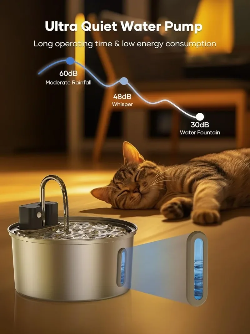 VOFORD 3.2L fuente de agua automática de acero inoxidable para gatos 4000mAh dispensador de agua inalámbrico para gatos dispensador de bebedero de agua para mascotas - imagen 4