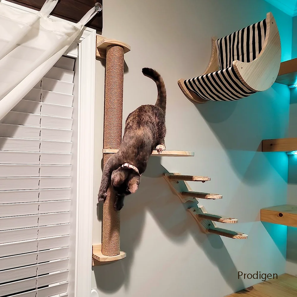 Marco de escalada para gatos de madera maciza montado en la pared, hamaca, poste rascador, estante con plataforma de salto de Sisal, muebles de escalones de escalera - imagen 5