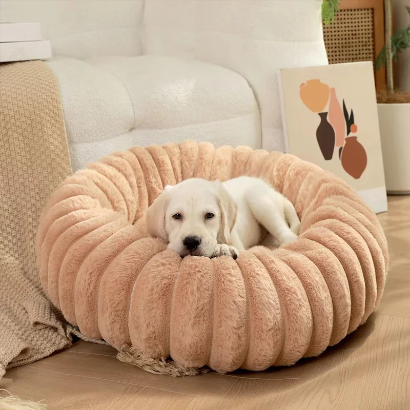Cama para dormir cálida de invierno para mascotas, sofá cama redondo para gatos, cama para mascotas a rayas suaves para perros pequeños y medianos, cómoda cama para cachorros de peluche - imagen 3