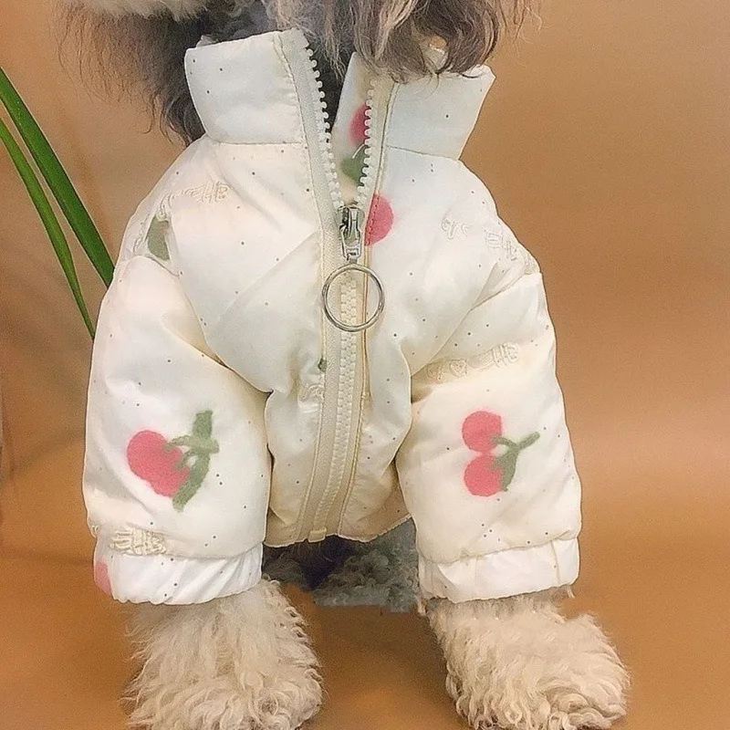 Lindo abrigo de algodón cereza ropa para perros chaqueta cálida ropa para perros gato estampado pequeño invierno blanco moda chaquetas para perros - imagen 4